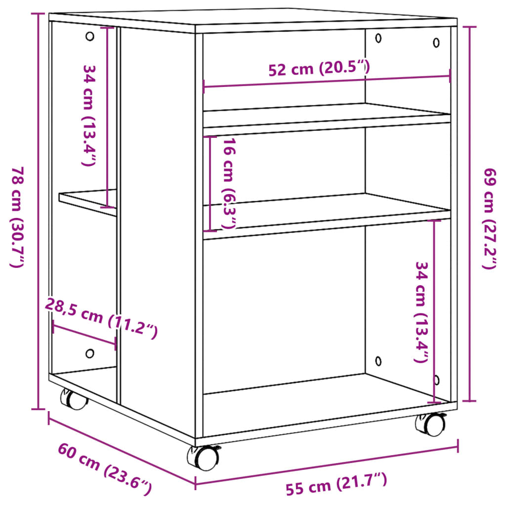 vidaXL Tavolino con Ruote Grigio Cemento 55x60x78 cm in Truciolato