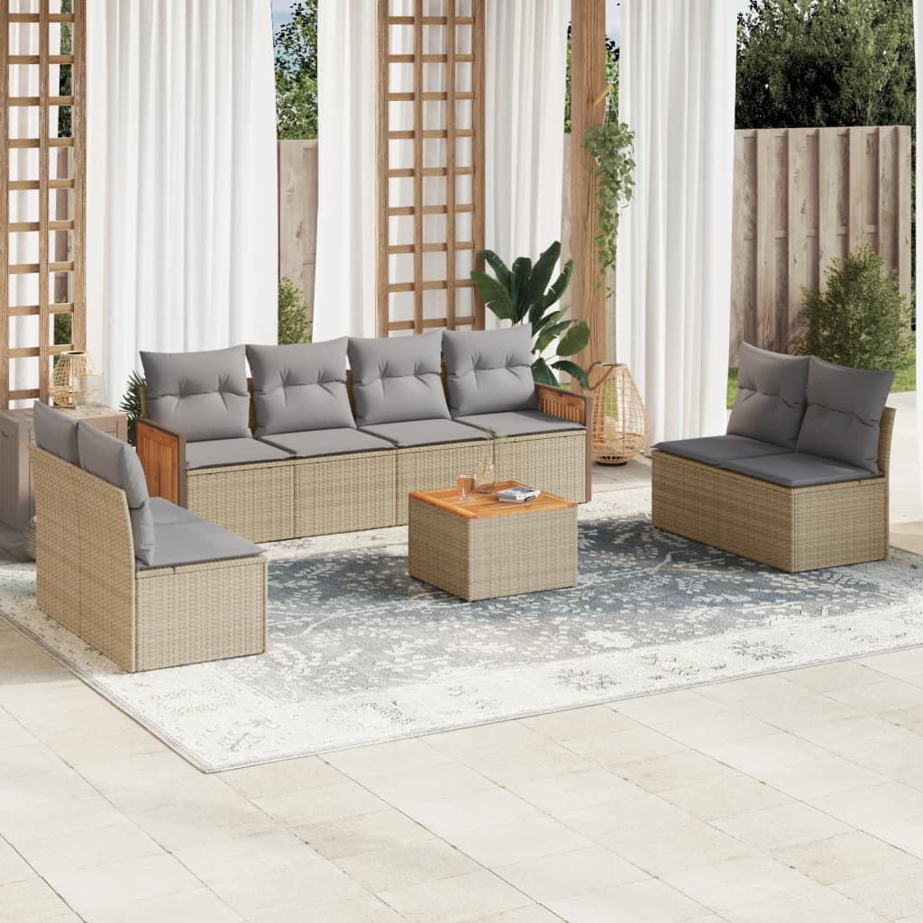 vidaXL Set Divano da Giardino 9 pz con Cuscini Beige in Polyrattan