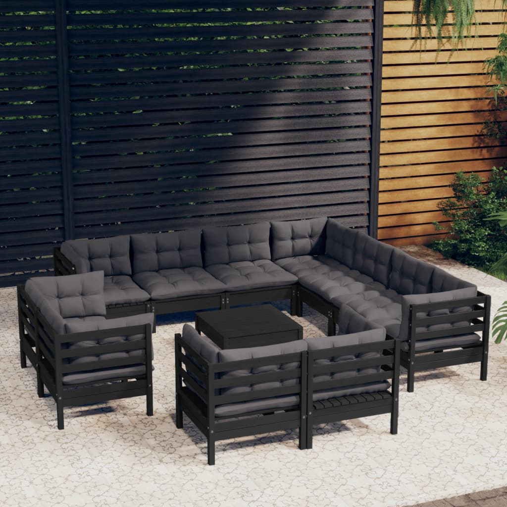 vidaXL Set Divani da Giardino 12 pz con Cuscini Neri Legno di Pino