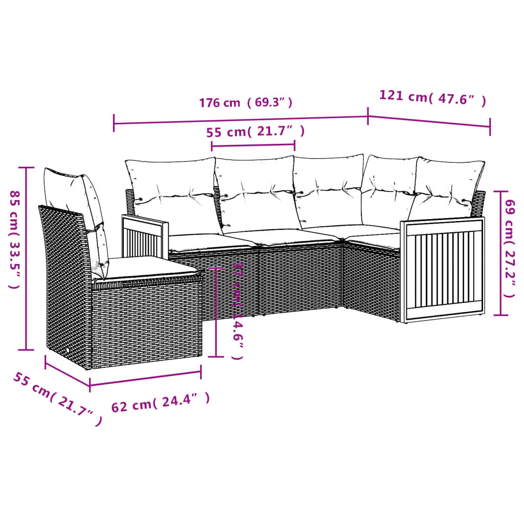 vidaXL Set Divano da Giardino 5 pz con Cuscini Grigio in Polyrattan