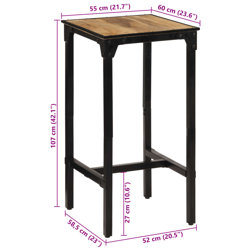 vidaXL Set Bar 3pz Legno Massello Mango Grezzo e Metallo