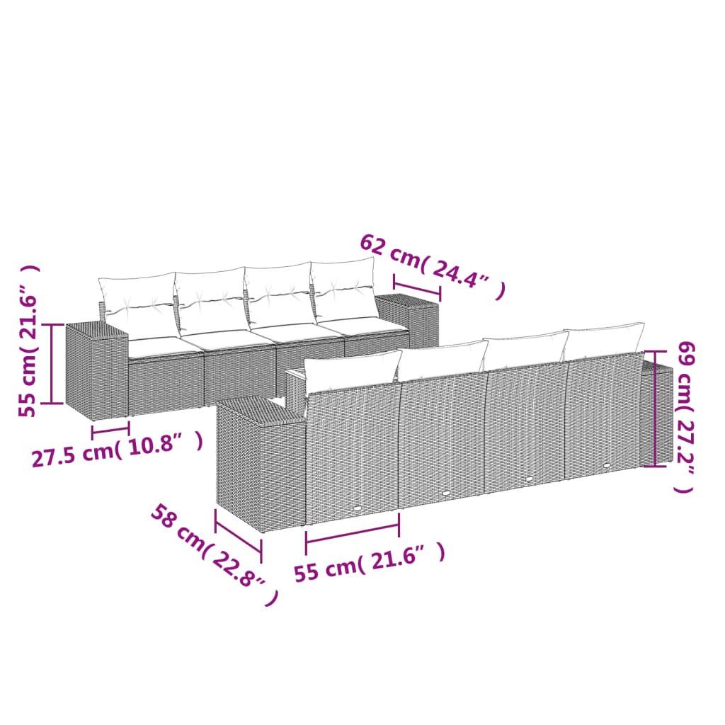 vidaXL Set Divano da Giardino 9 pz con Cuscini Beige in Polyrattan