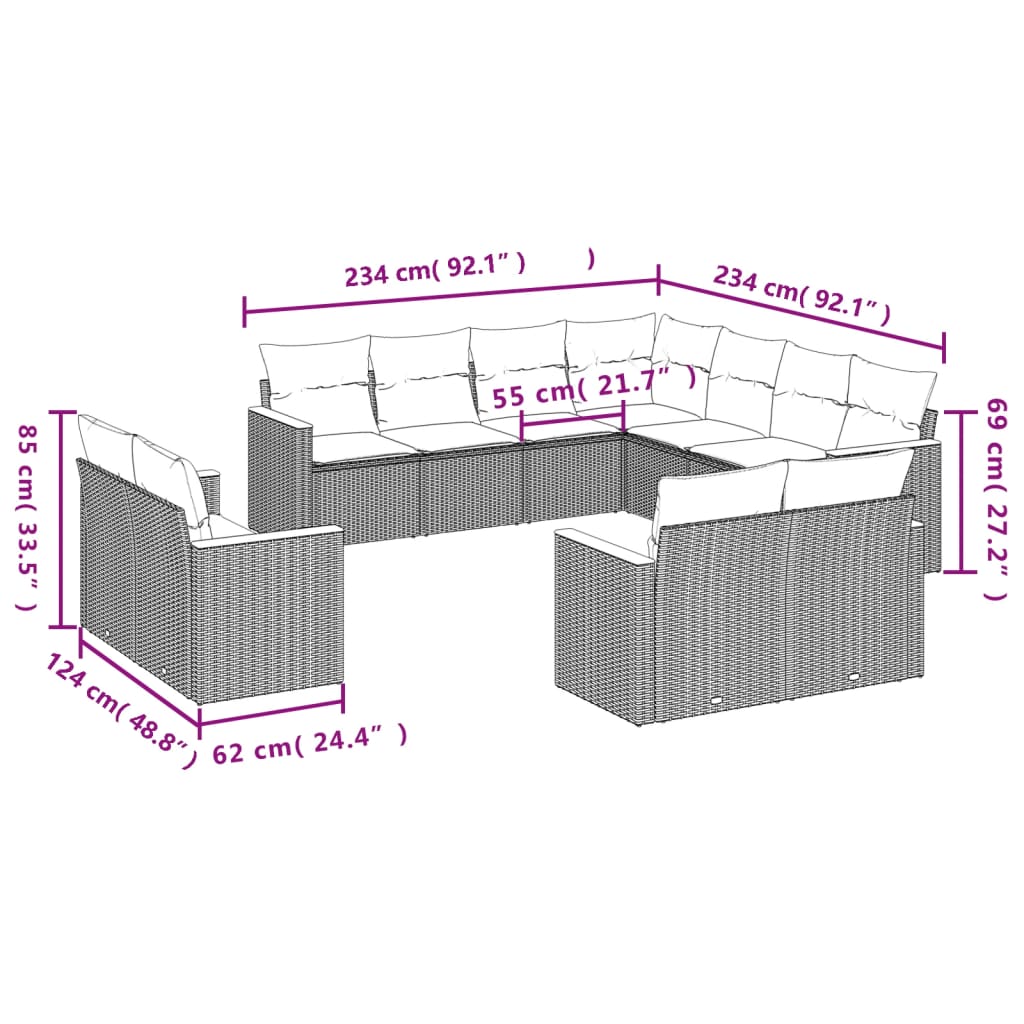 vidaXL Set Divani da Giardino 11 pz con Cuscini in Polyrattan Nero