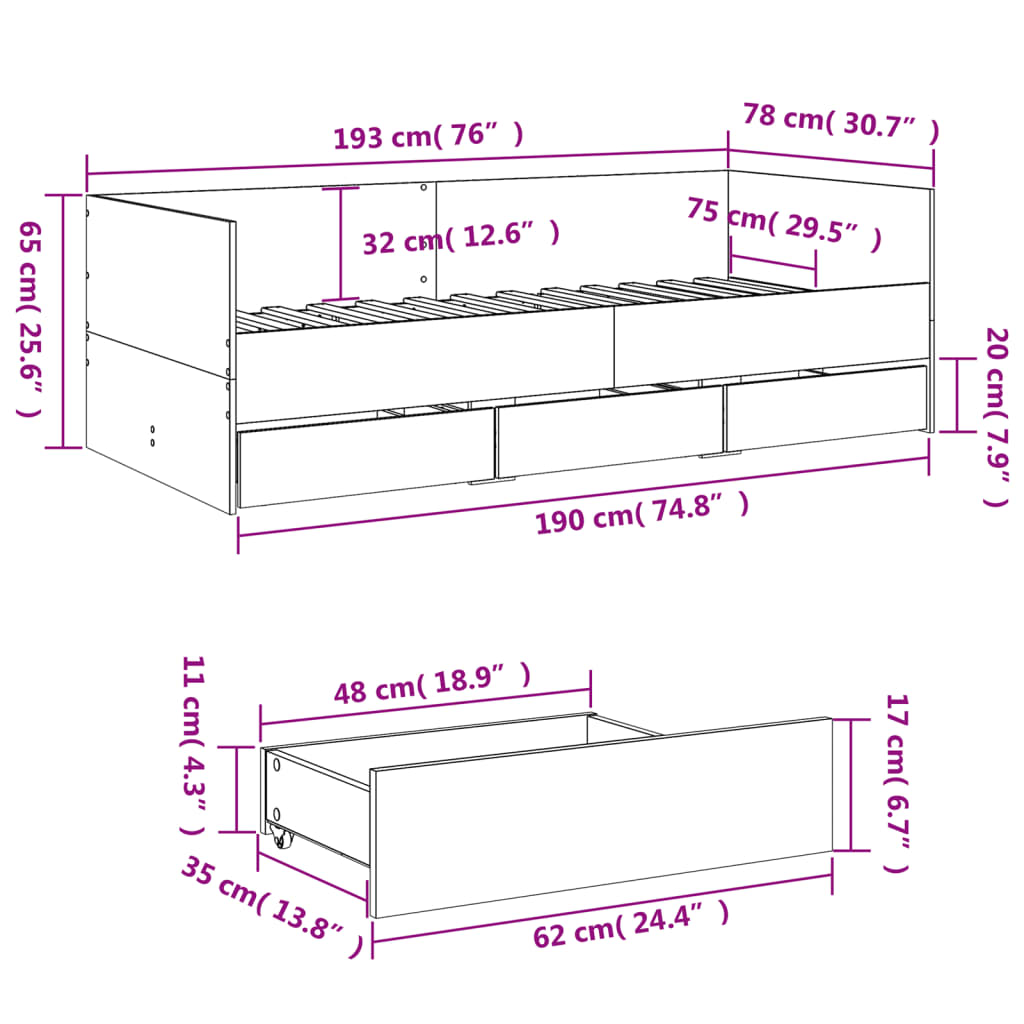 vidaXL Divano Letto con Cassetti senza Materasso Nero 75x190 cm