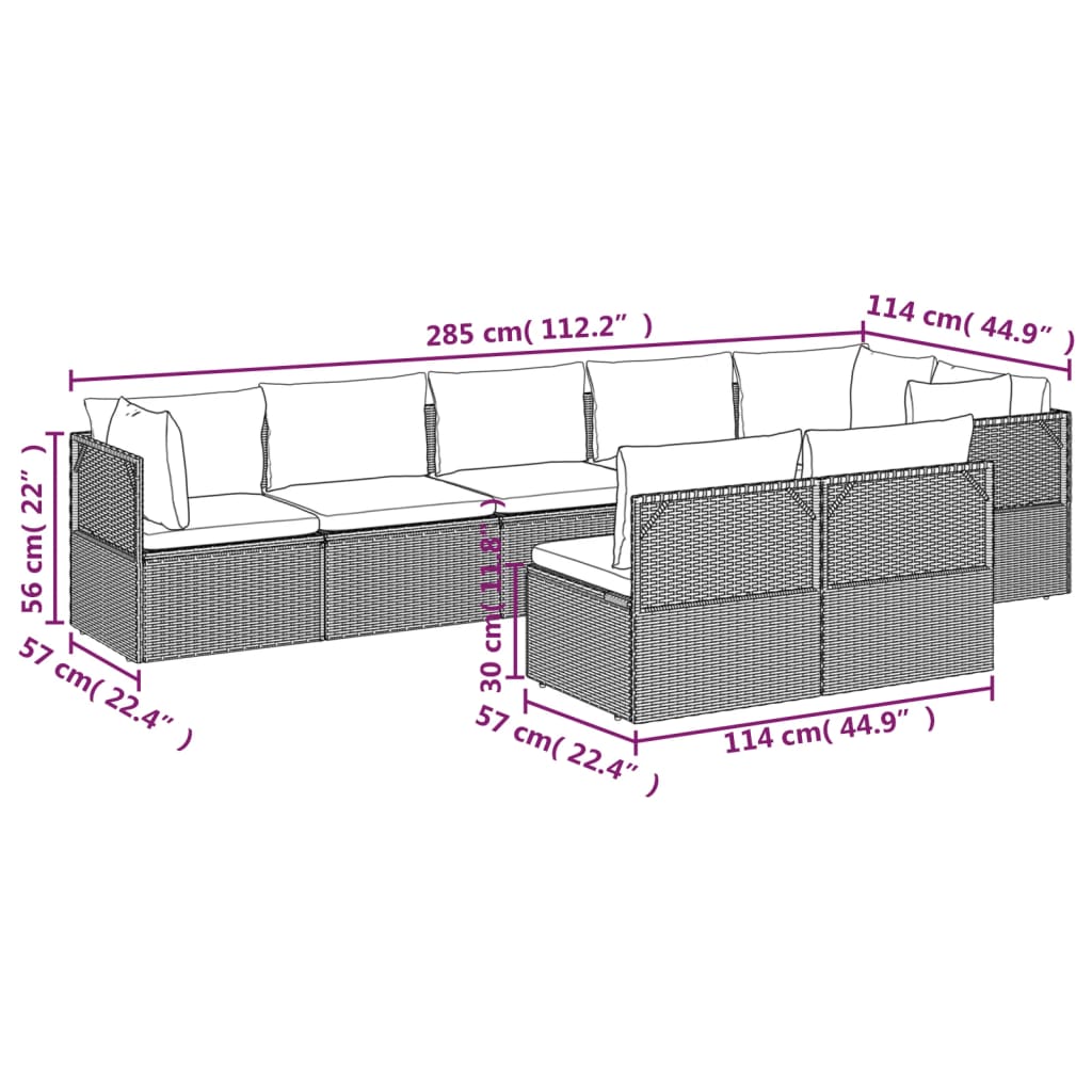 vidaXL Set Divani da Giardino 8 pz con Cuscini in Polyrattan Grigio