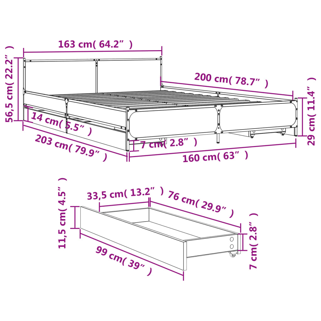 vidaXL Giroletto con Cassetti Rovere Fumo 160x200 cm Legno Multistrato