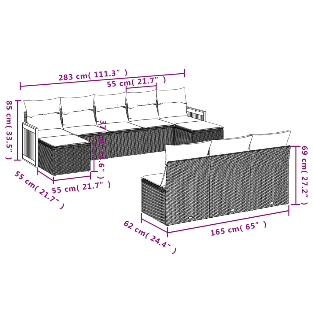 vidaXL Set Divano da Giardino 10 pz con Cuscini Beige in Polyrattan