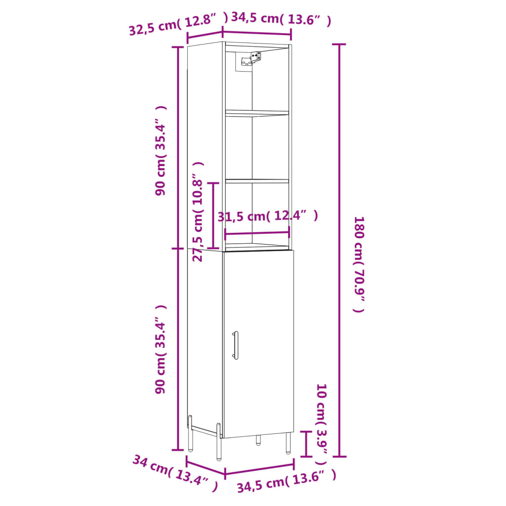 vidaXL Credenza Grigio Cemento 34,5x34x180 cm in Legno Multistrato