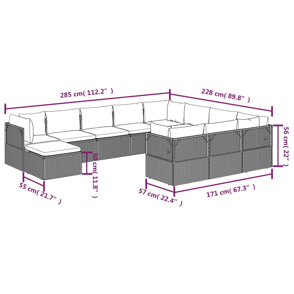 vidaXL Set Divani da Giardino 11 pz con Cuscini in Polyrattan Grigio