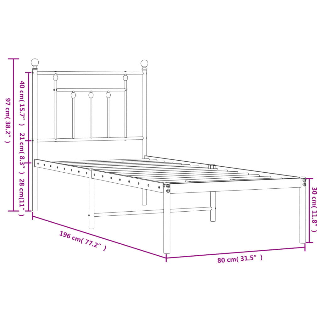 vidaXL Giroletto senza Materaso con Testiera Metallo Bianco 75x190 cm