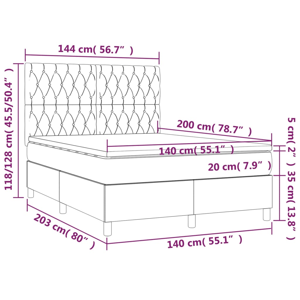 vidaXL Letto a Molle con Materasso e LED Tortora 140x200 cm in Tessuto