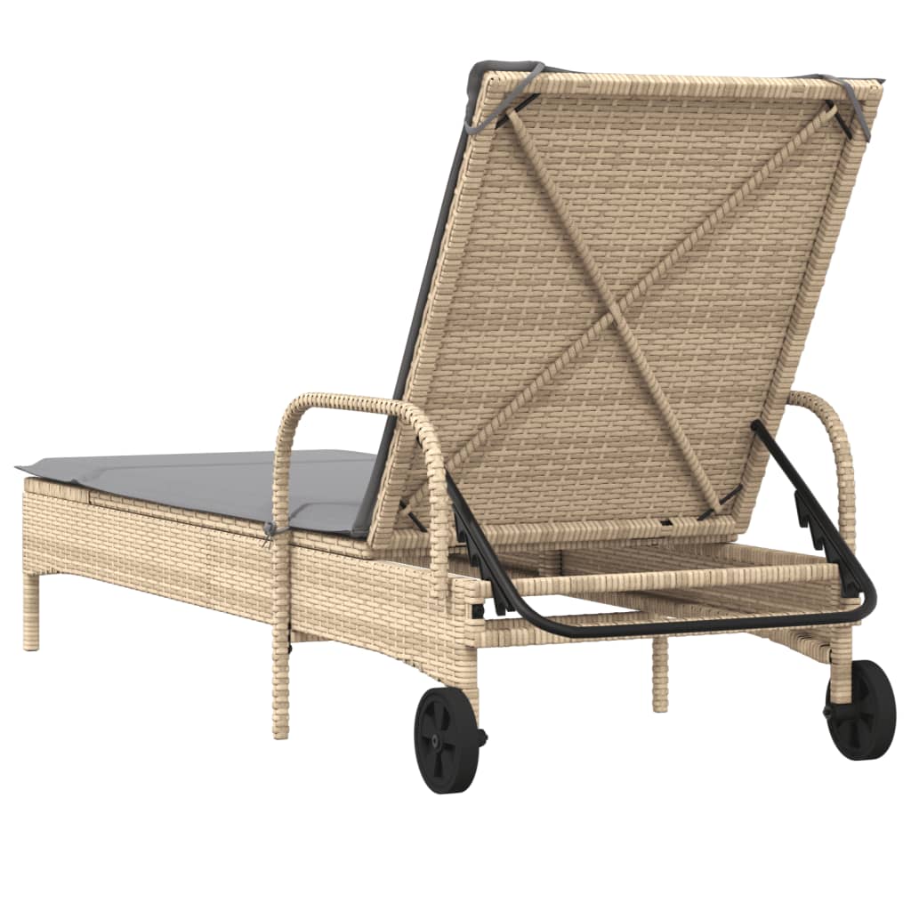 vidaXL Lettino Prendisole con Ruote e Cuscino in Polyrattan Beige