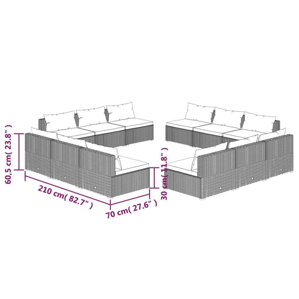 vidaXL Set Divani da Giardino 12 pz con Cuscini in Polyrattan Nero