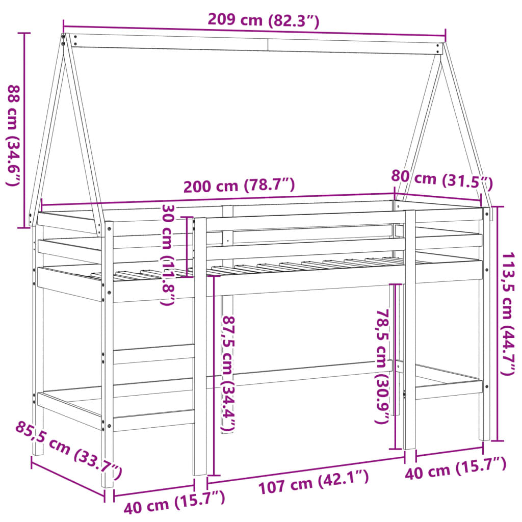 vidaXL Letto Soppalco con Scala e Tetto 80x200 cm Legno Massello Pino