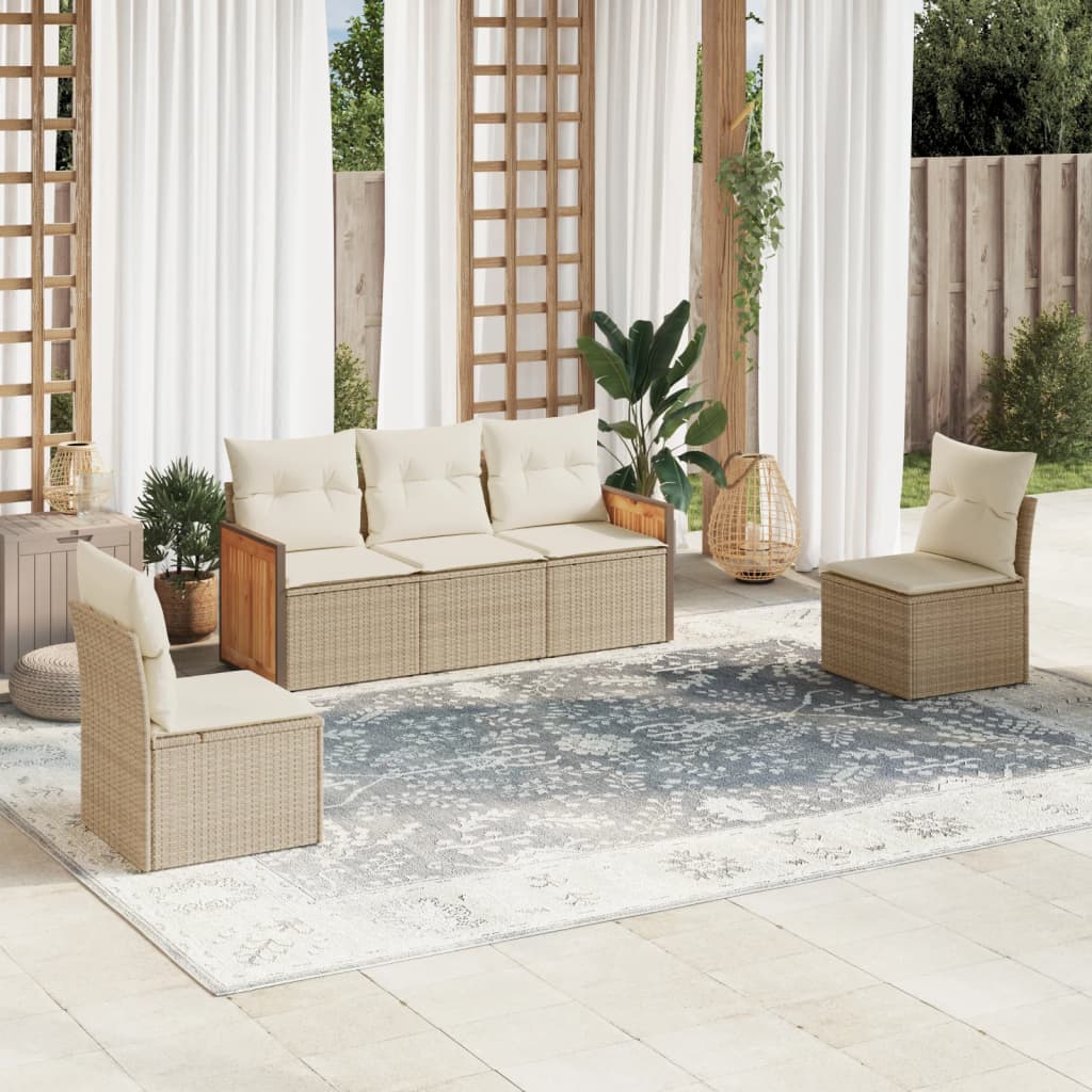 vidaXL Set Divano da Giardino 5 pz con Cuscini Beige in Polyrattan