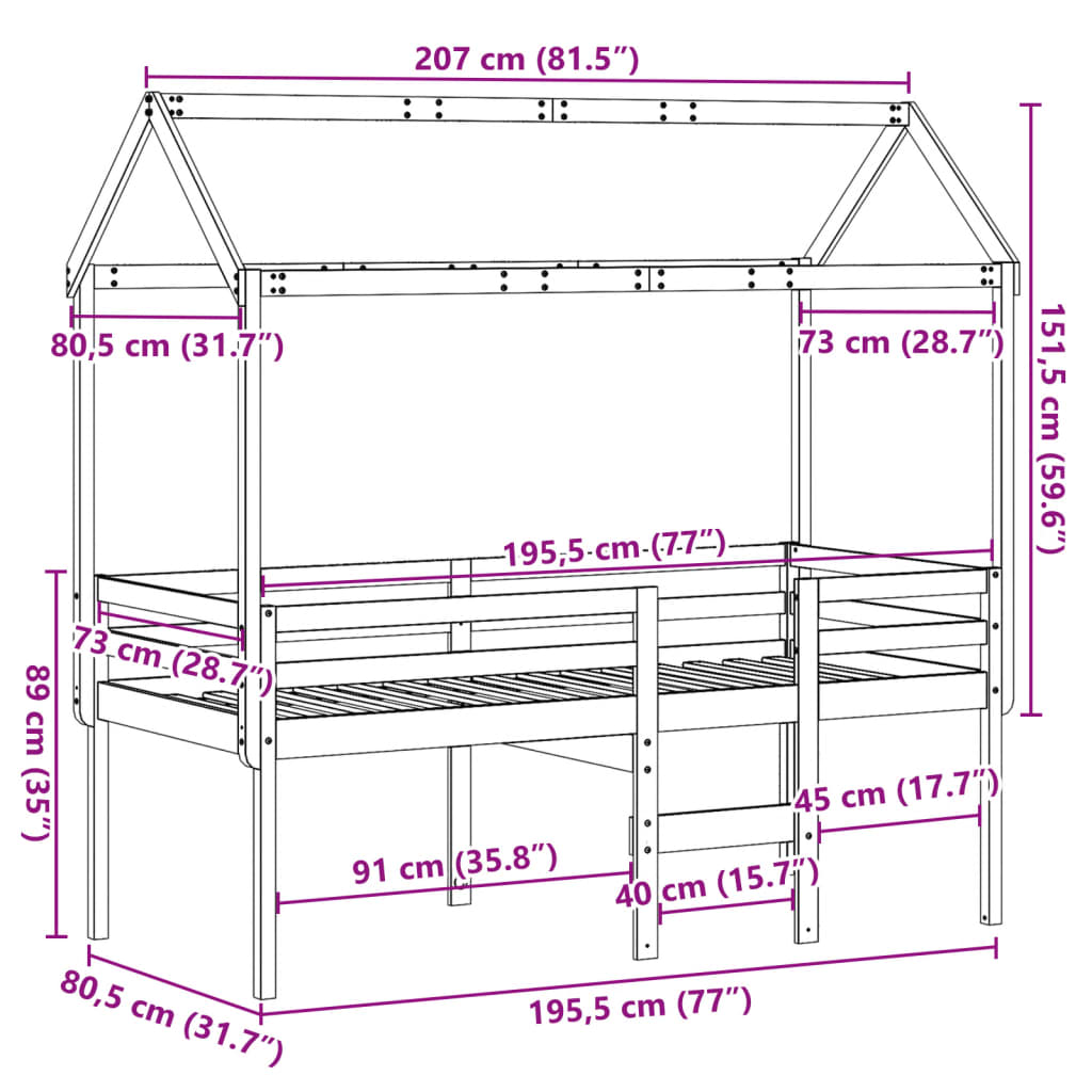 vidaXL Letto a Soppalco con Tetto 75x190 cm in Legno Massello di Pino