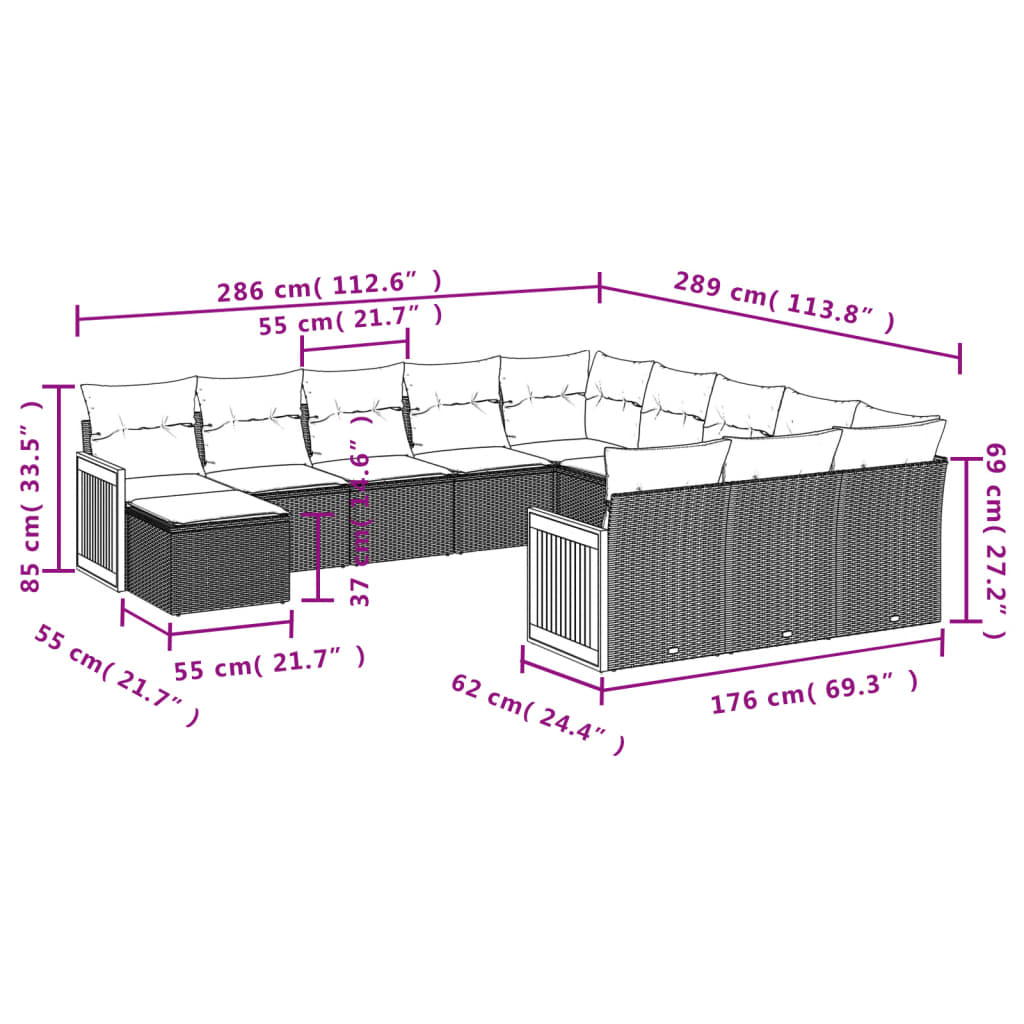 vidaXL Set Divani da Giardino 12 pz con Cuscini Nero in Polyrattan