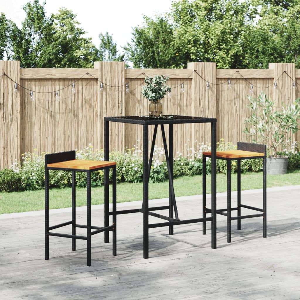 vidaXL Set Bar Giardino 3 pz Nero Polyrattan e Legno Massello Acacia