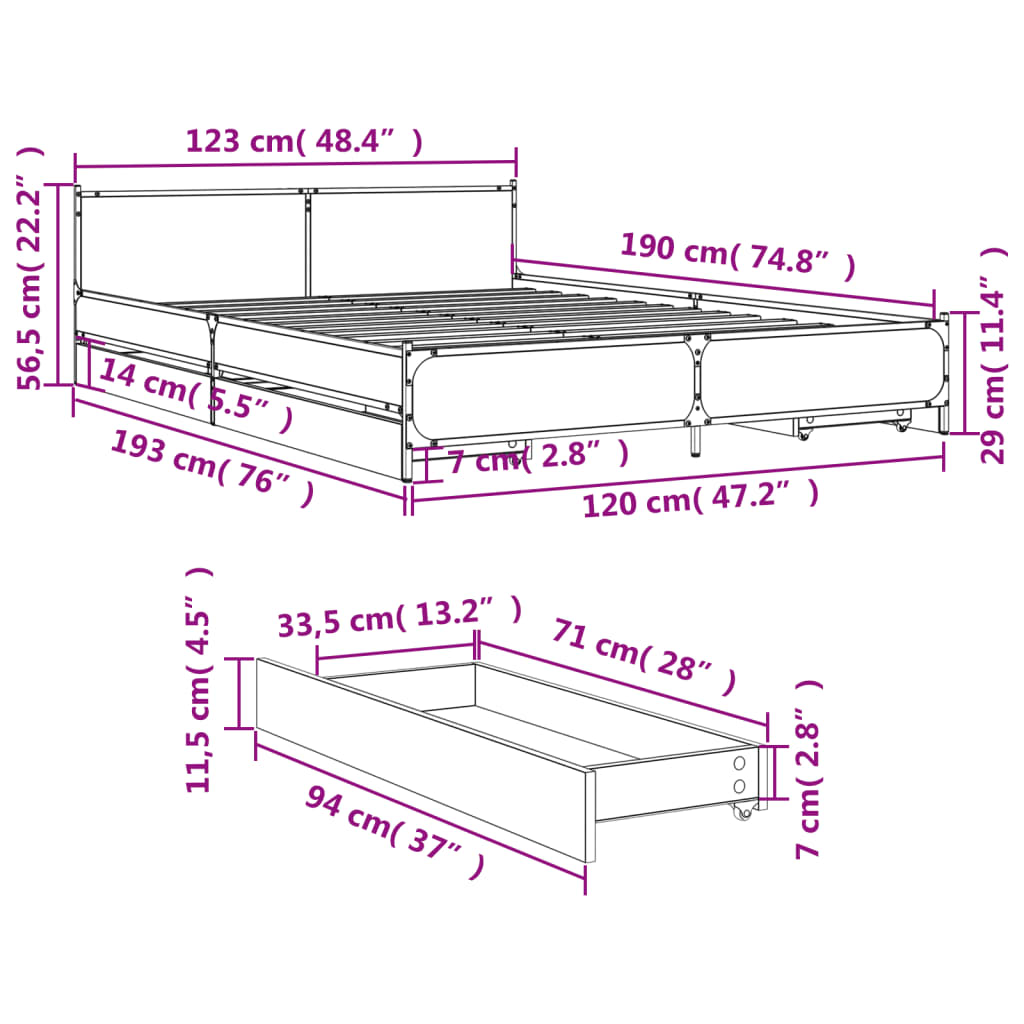 vidaXL Giroletto Cassetti Rovere Sonoma 120x190 cm Legno Multistrato