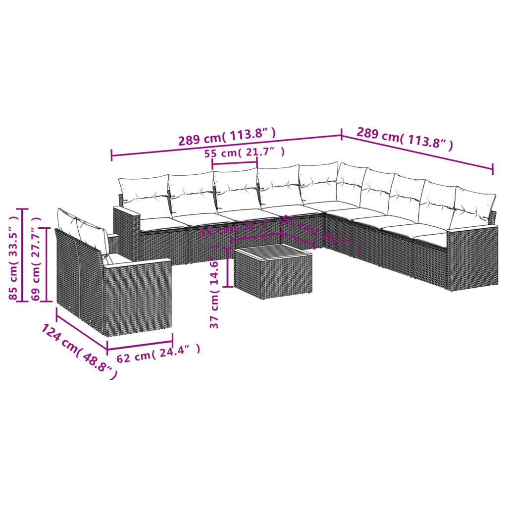 vidaXL Set Divani da Giardino 12 pz con Cuscini Nero in Polyrattan