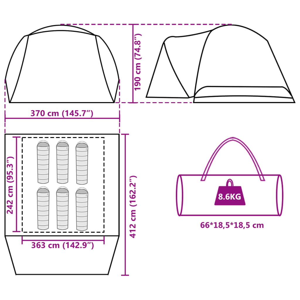 vidaXL Tenda da Campeggio a Cupola per 6 Persone Verde Impermeabile