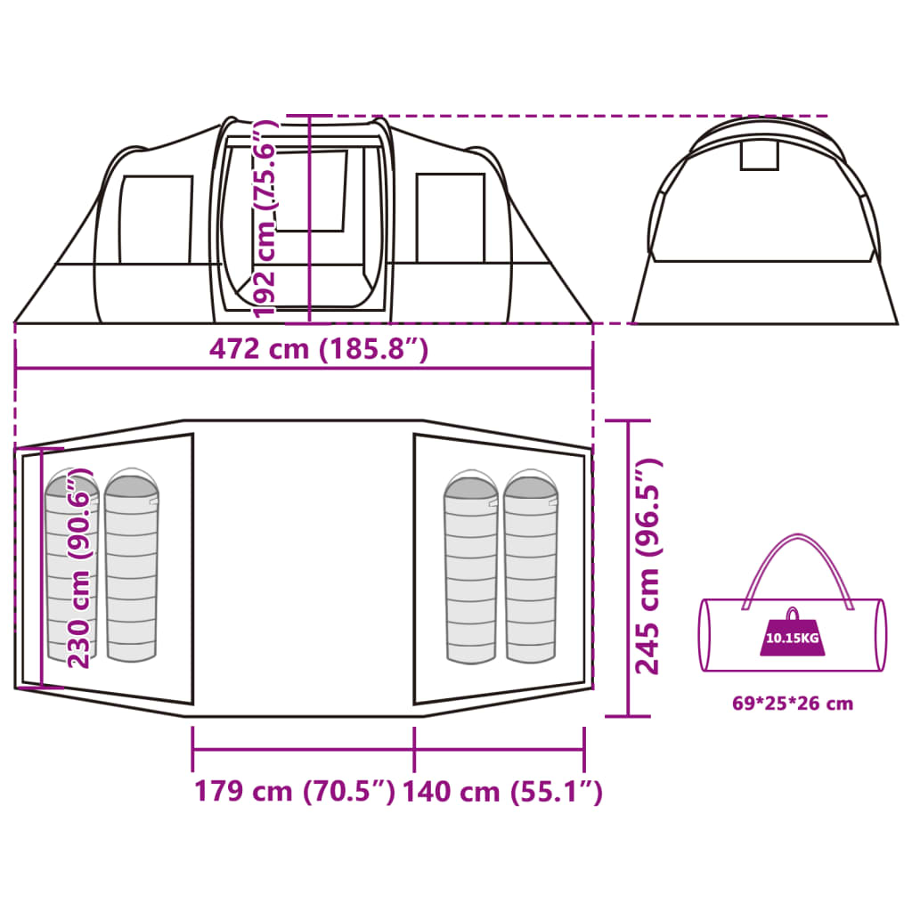 vidaXL Tenda da Campeggio a Tunnel 4 Persone Verde Oliva Impermeabile