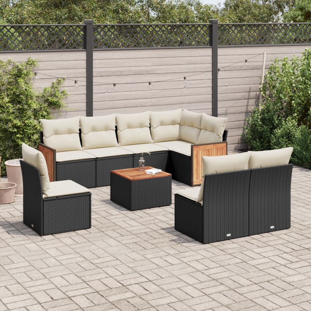 vidaXL Set Divani da Giardino 9 pz con Cuscini Nero in Polyrattan