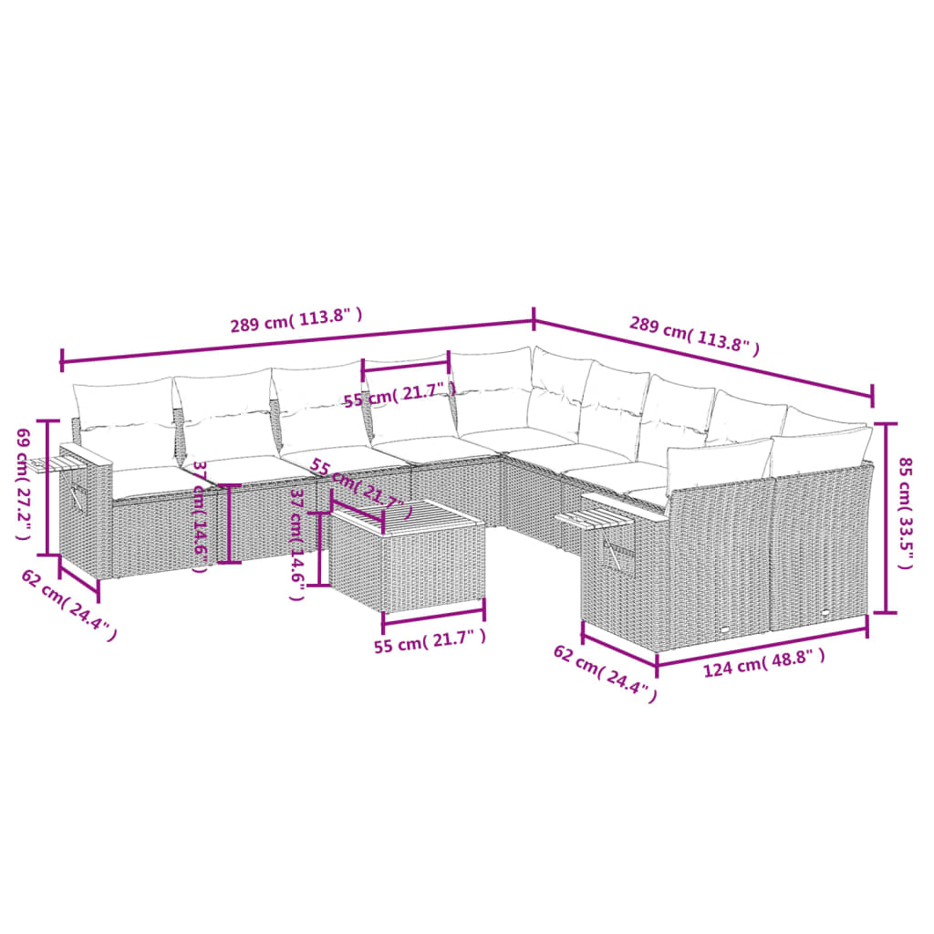 vidaXL Set Divani da Giardino 11 pz con Cuscini in Polyrattan Grigio