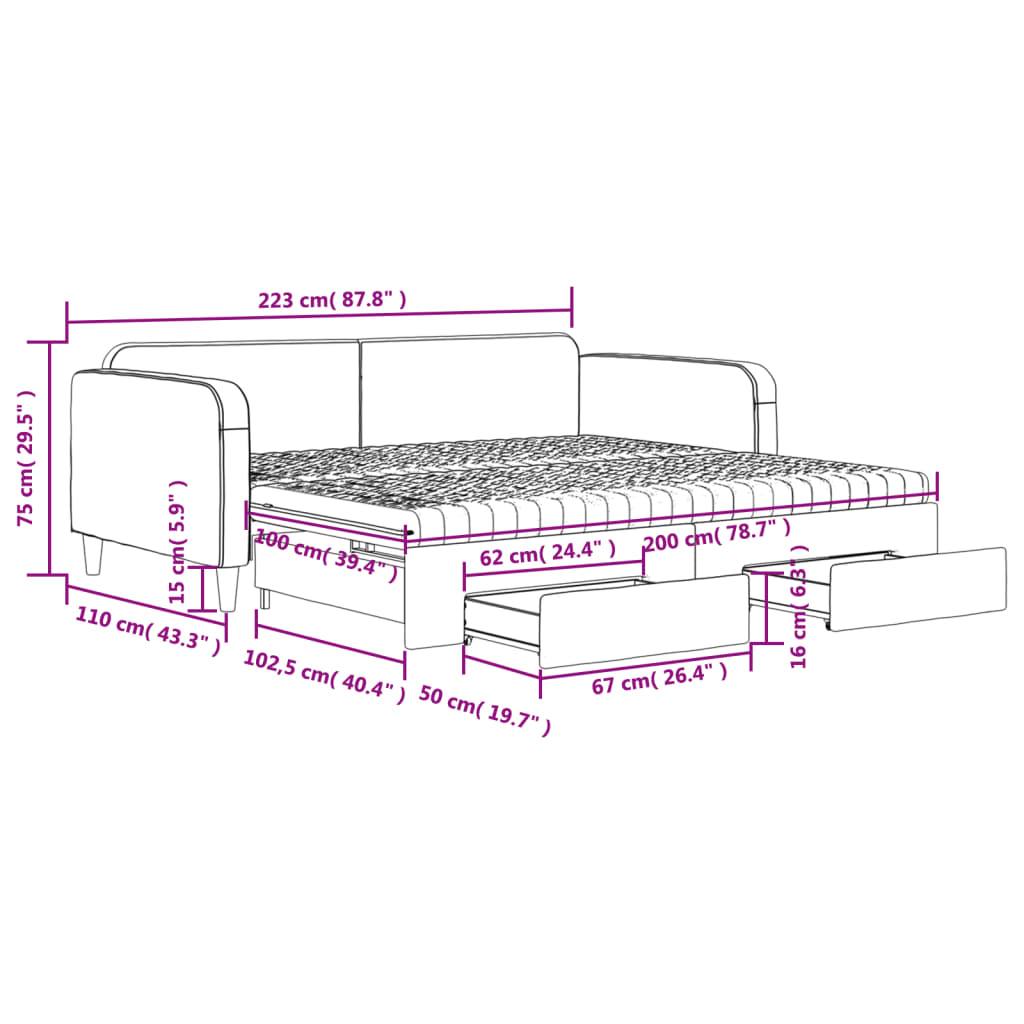 vidaXL Divano Letto Estraibile con Cassetti Nero 100x200 cm in Tessuto