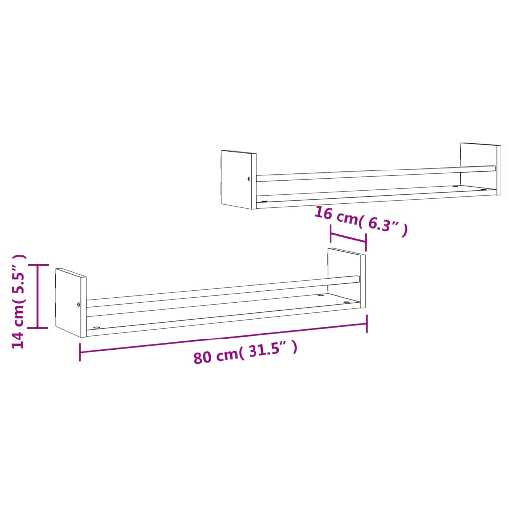 vidaXL Mensole a Parete con Aste 2pz Rovere Sonoma 80x16x14 cm