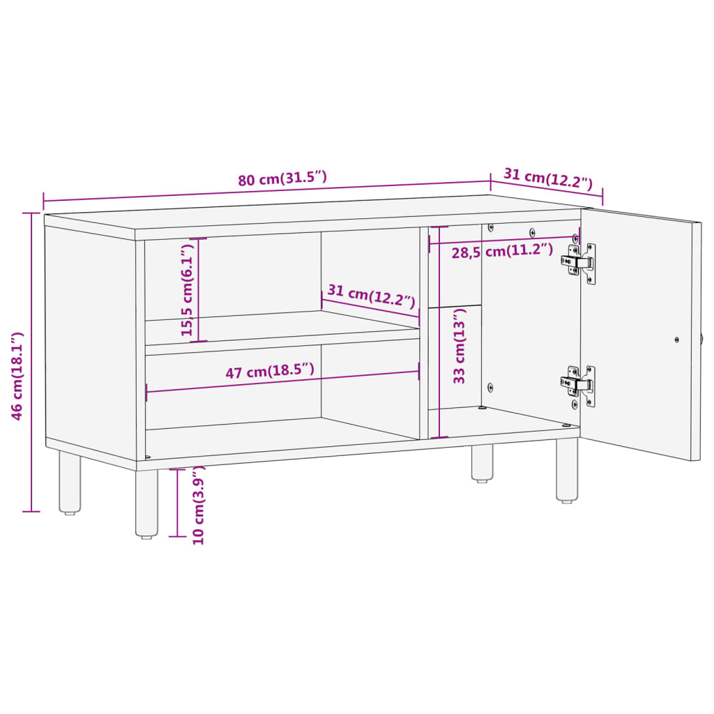 vidaXL Mobile Porta TV 80x31x46 cm in Legno Massello di Mango