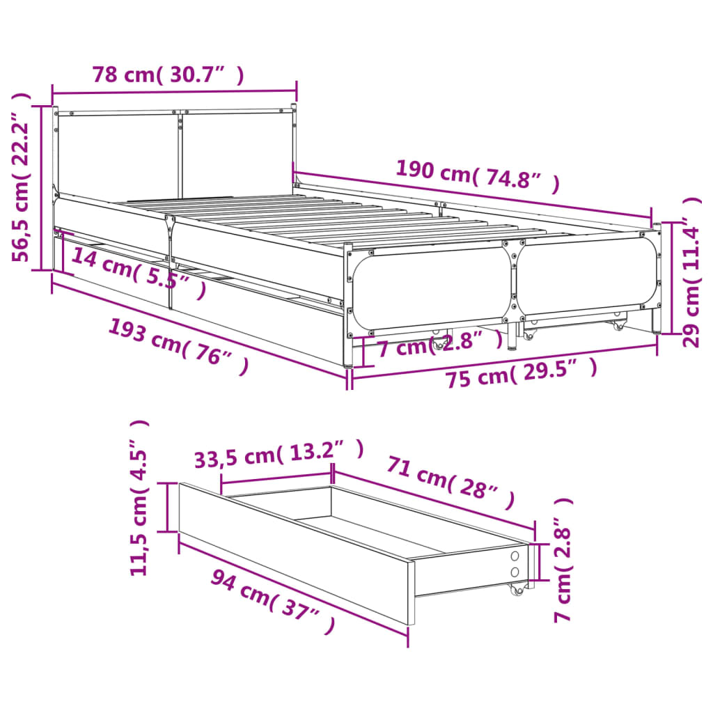 vidaXL Giroletto Cassetti Rovere Sonoma 75x190 cm Legno Multistrato