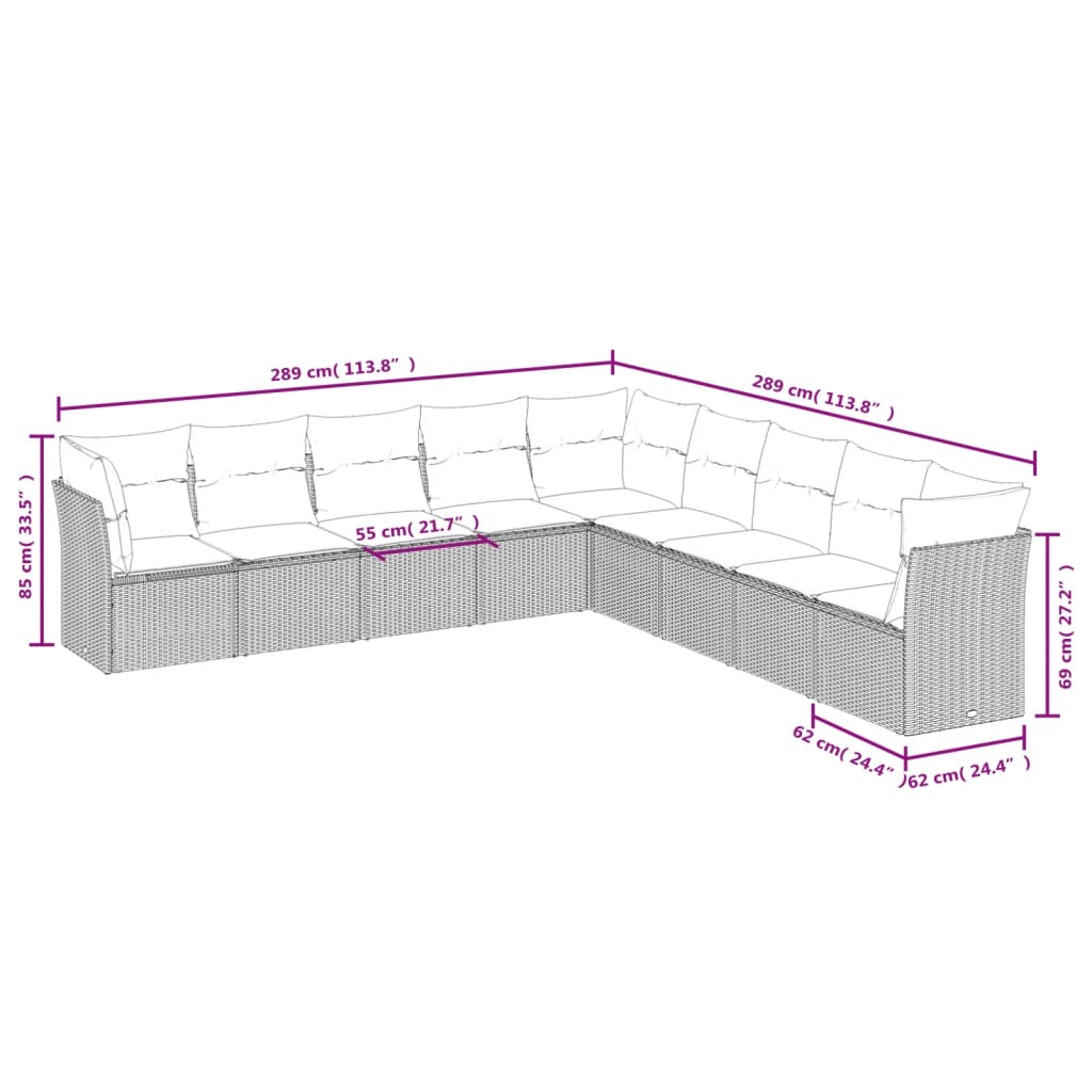 vidaXL Set Divani da Giardino 9 pz con Cuscini Nero in Polyrattan