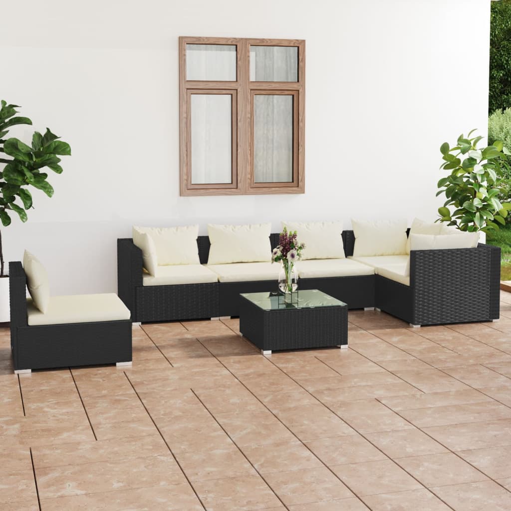 vidaXL Set Salotto da Giardino 7 pz con Cuscini in Polyrattan Nero