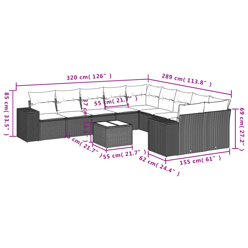 vidaXL Set Divani da Giardino 11 pz con Cuscini in Polyrattan Grigio