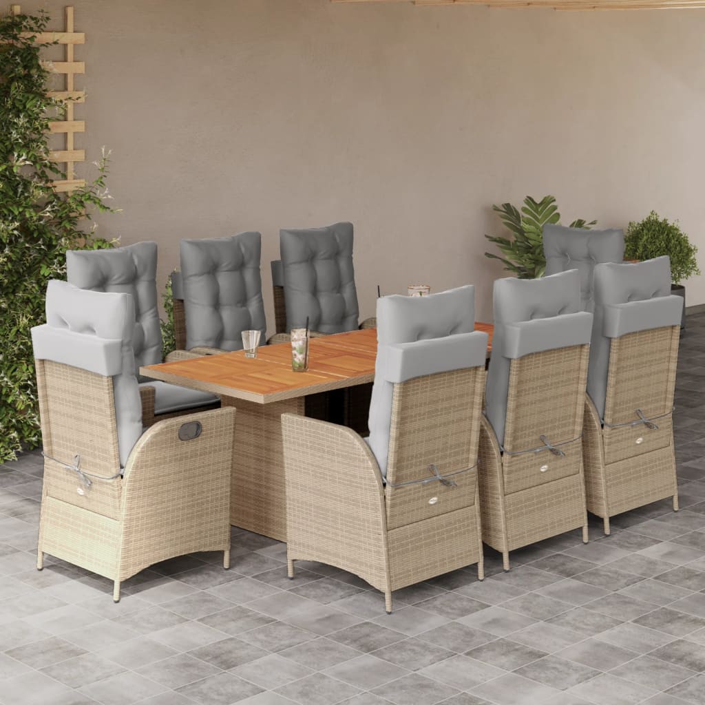 vidaXL Set Pranzo da Giardino 9 pz con Cuscini Beige Misto Polyrattan