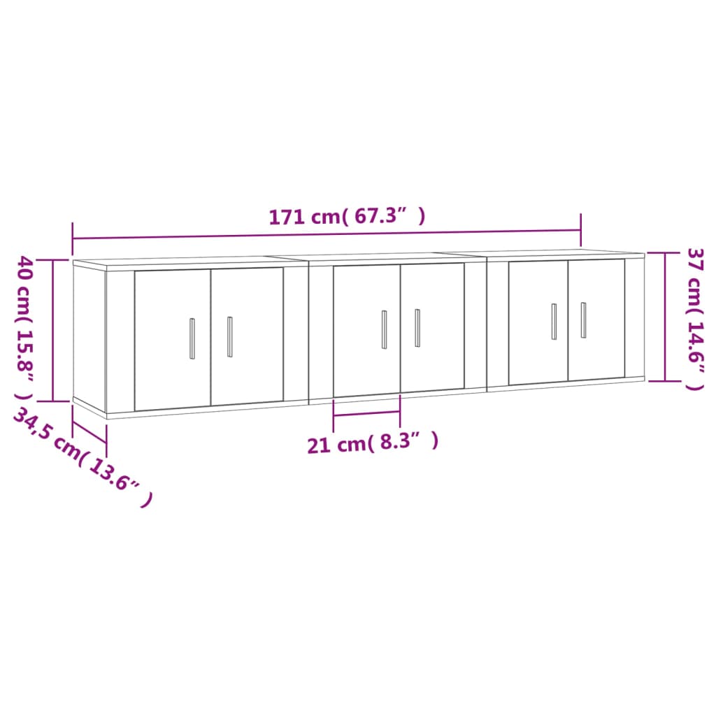 vidaXL Mobili Porta TV a Parete 3 pz Rovere Fumo 57x34,5x40 cm