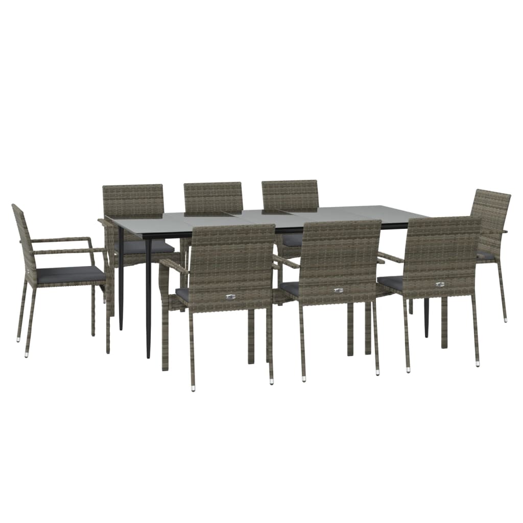 vidaXL Set da Pranzo Giardino 9pz con Cuscini Nero e Grigio Polyrattan