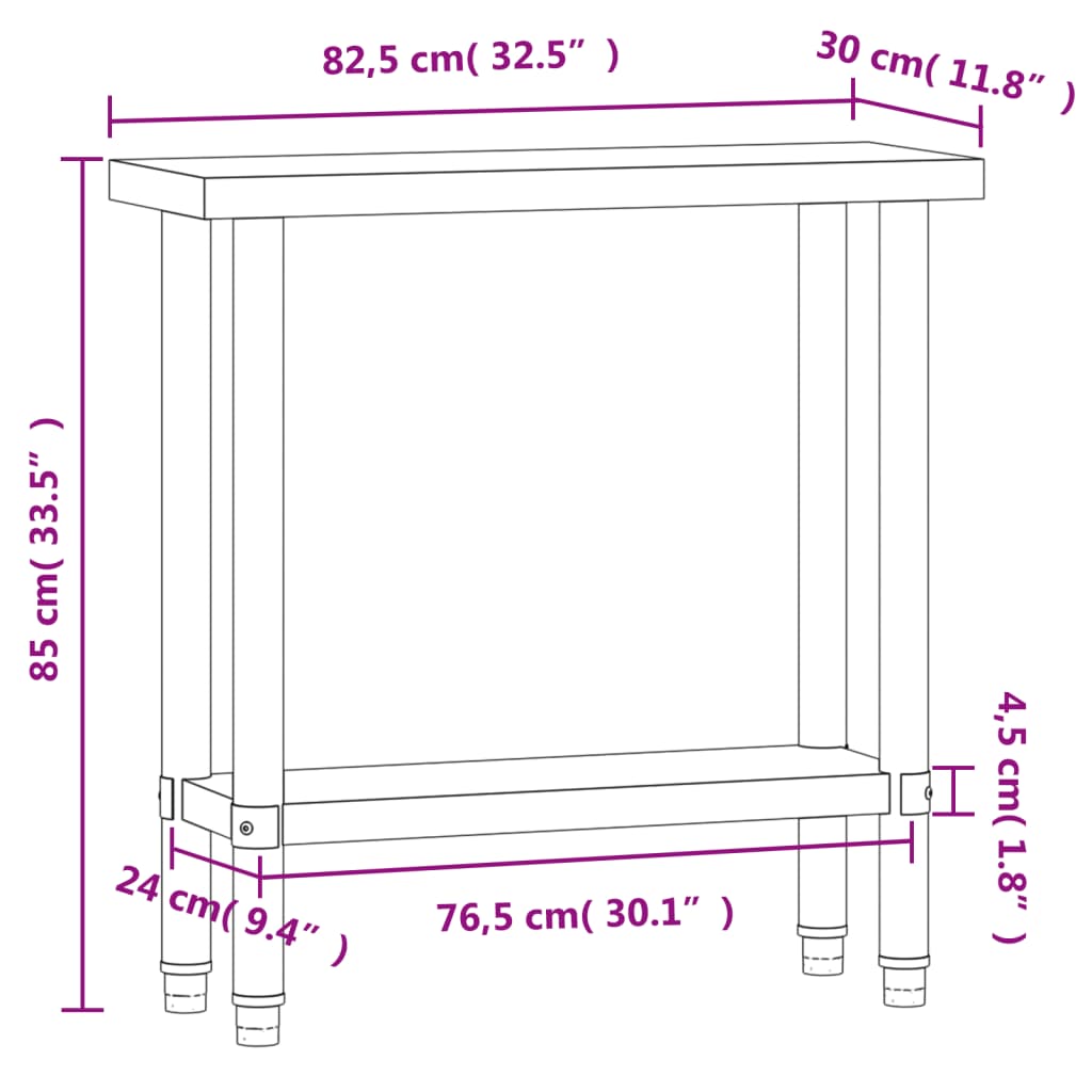 vidaXL Tavolo da Lavoro da Cucina 82,5x30x85cm in Acciaio Inossidabile