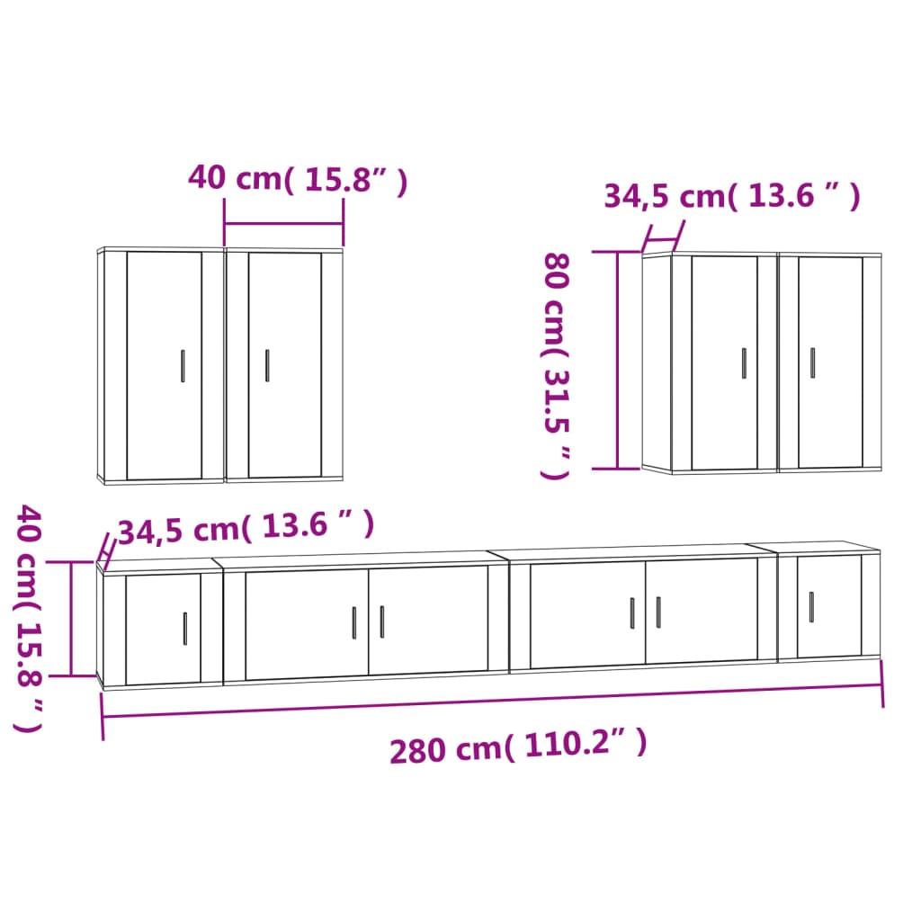 vidaXL Set Mobili Porta TV 8 pz Rovere Fumo in Legno Multistrato