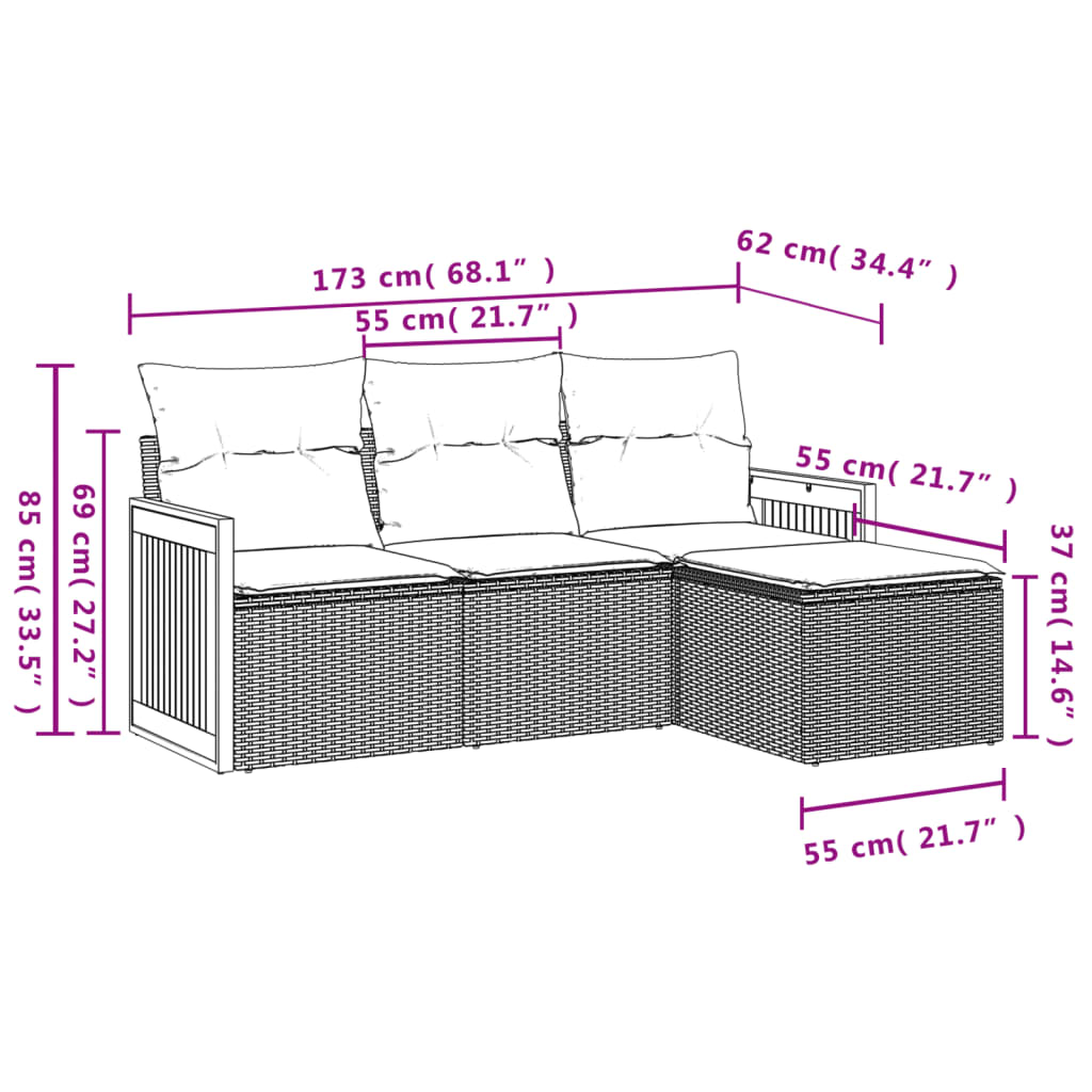 vidaXL Set Divani da Giardino 4 pz con Cuscini Nero in Polyrattan