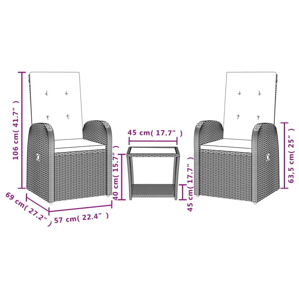 vidaXL Set da Pranzo da Giardino 3 pz con Cuscini in Polyrattan Grigio