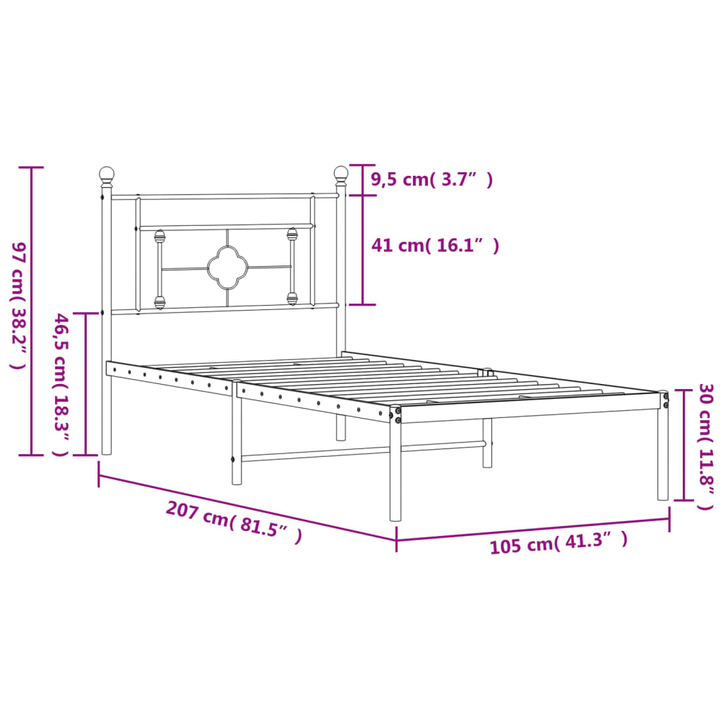 vidaXL Giroletto con Testiera Metallo Nero 100x200 cm