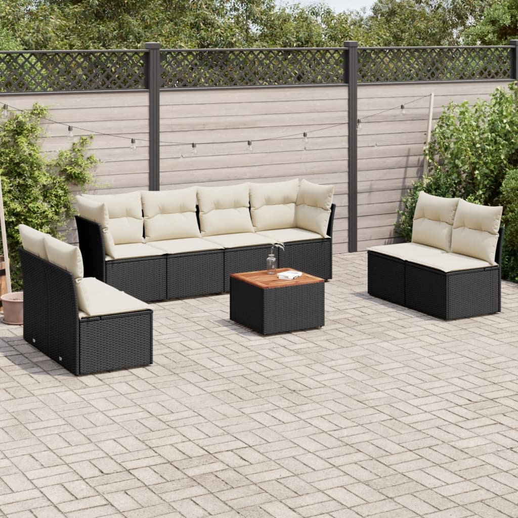 vidaXL Set Divani da Giardino 9 pz con Cuscini Nero in Polyrattan