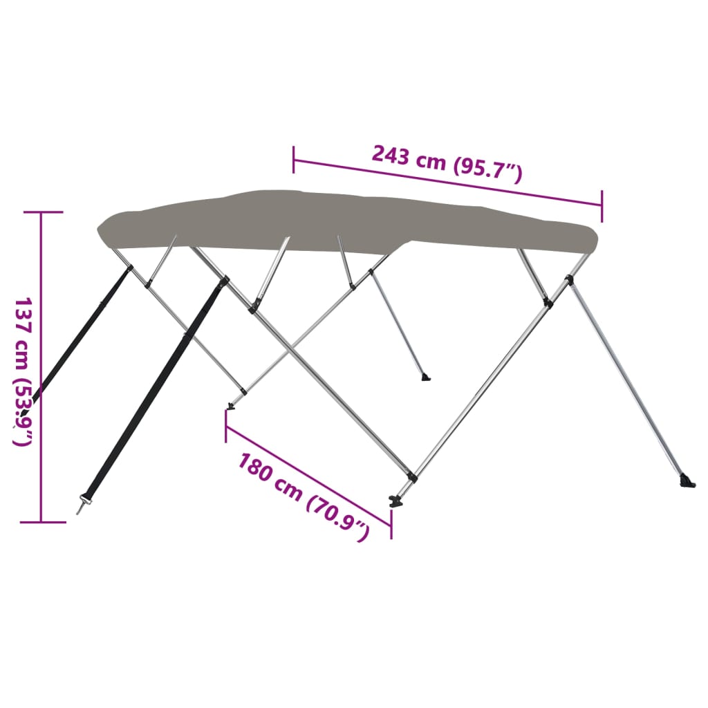 vidaXL Bimini di Prua con Tendalino 4 Archi Grigio 243x180x137 cm