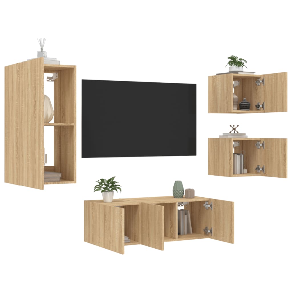 vidaXL Mobili TV a Muro con LED 5pz Rovere Sonoma Legno Multistrato