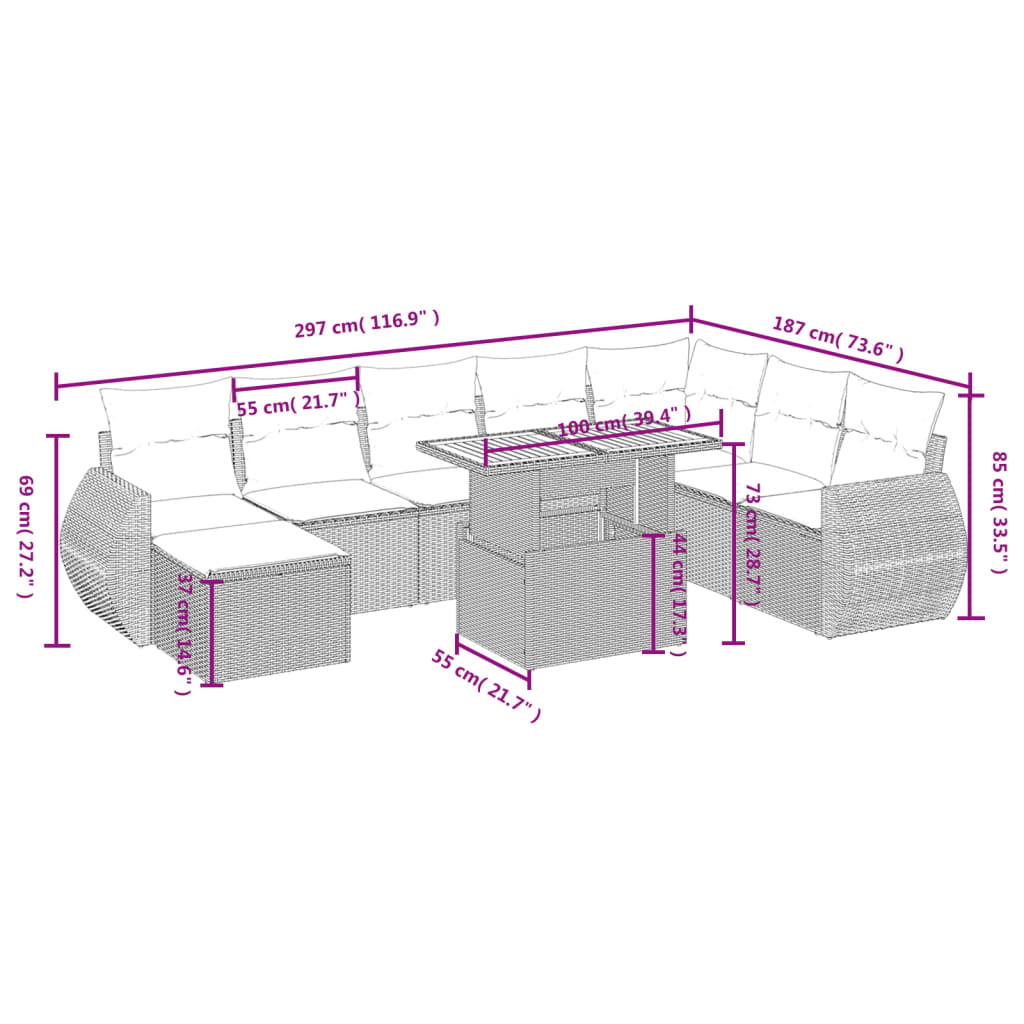 vidaXL Set Divani da Giardino 9 pz con Cuscini Nero in Polyrattan