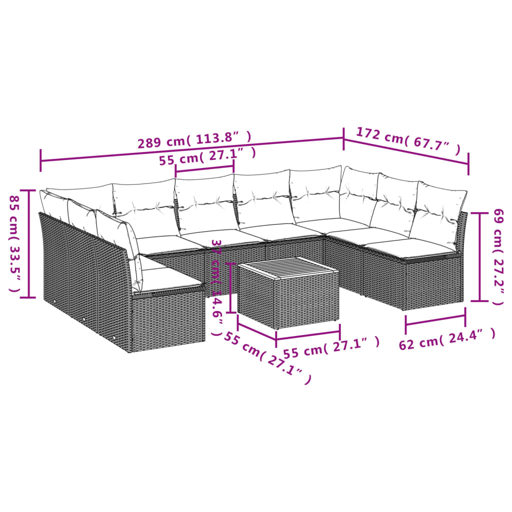 vidaXL Set Divani da Giardino 10pz con Cuscini in Polyrattan Nero