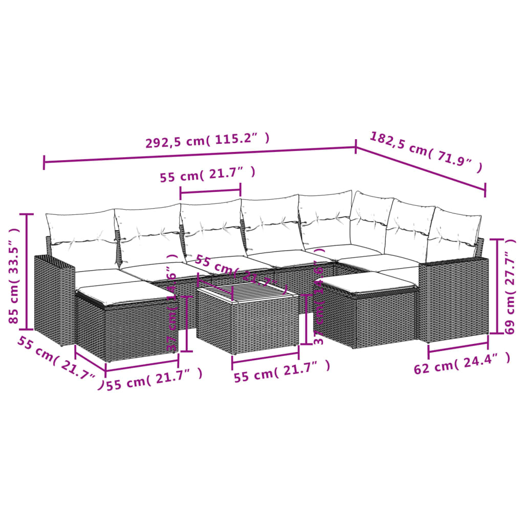 vidaXL Set Divani da Giardino 10pz con Cuscini in Polyrattan Nero