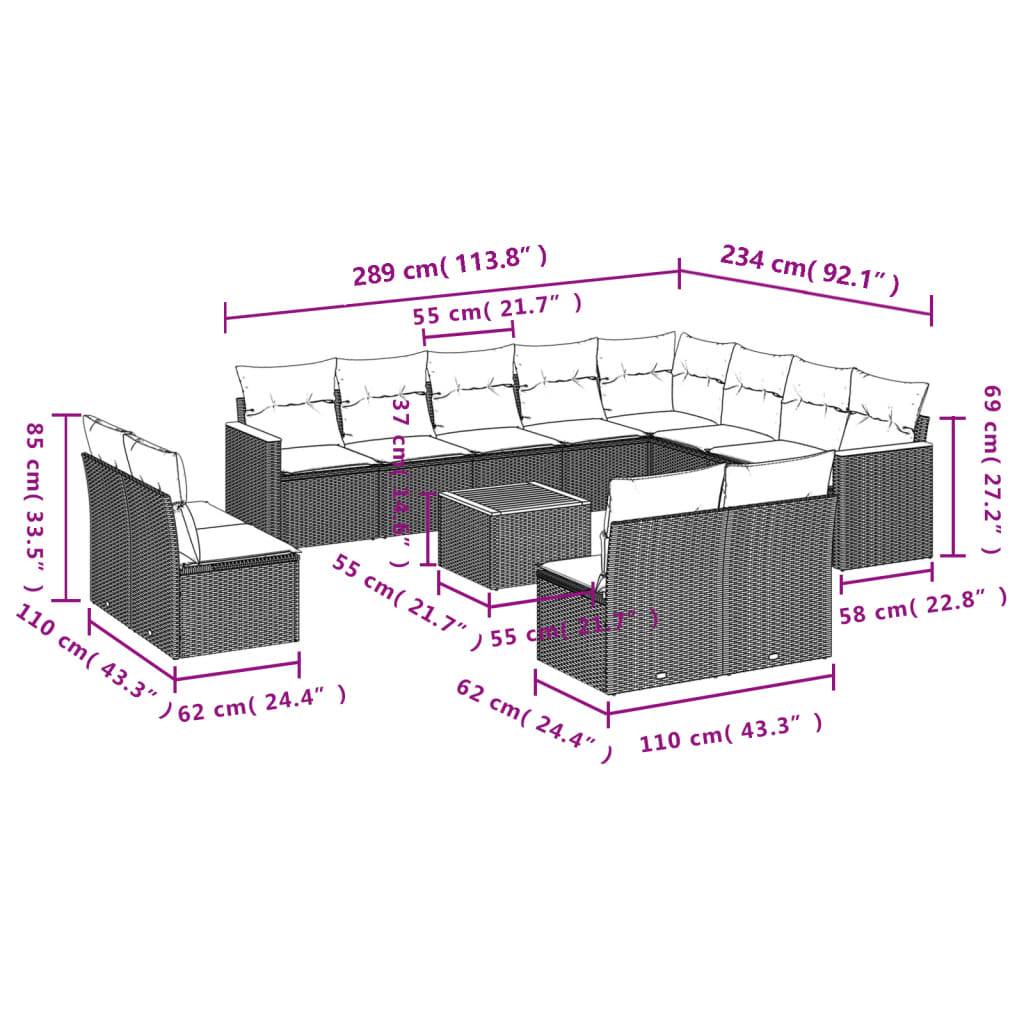 vidaXL Set Divano da Giardino 13 pz con Cuscini Beige Misto Polyrattan